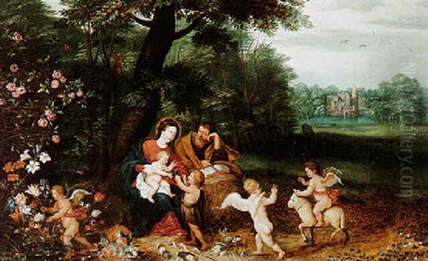 Wooded Landscape With The Holy Family, The Infant Saint John The Baptist And Putti, A Castle And A Lake Beyond Oil Painting by Peeter Van Avont