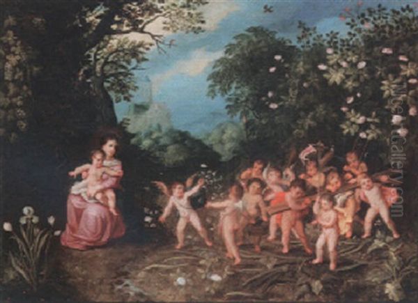 The Virgin And Child In A Landscape With Putti Holding Symbols Of The Passion Oil Painting by Peeter Van Avont