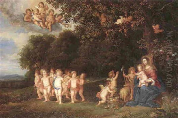 The Madonna And Child With St. John The Baptist Resting Beneath A Tree Surrounded By Cherubs Oil Painting by Peeter Van Avont