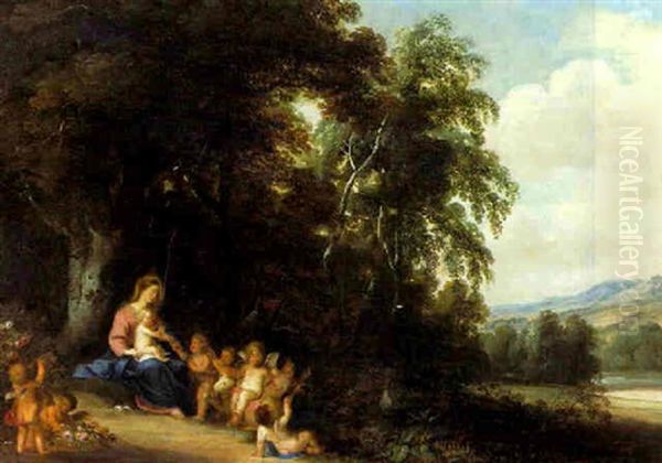 Landschaft Mit Maria Und Dem Kinde, Umgeben Von Spielenden Und Blumentragenden Putti Oil Painting by Peeter Van Avont