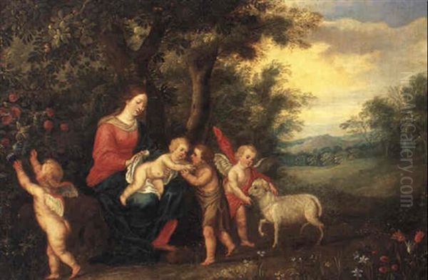 The Madonna And Child With The Infant St. John And Cherubs In A Landscape by Peeter Van Avont