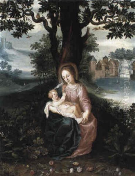 The Virgin And Child Beneath Tree In Extensive Landscape Oil Painting by Peeter Van Avont