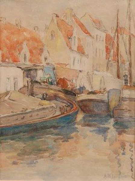 View Of A Harbour With Barges And Sailing Boats Before Buildings Oil Painting by Lambert Sigisbert Adam