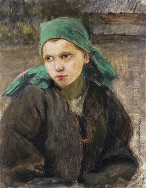 Girl With Green Scarf Oil Painting by Teodor Axentowicz