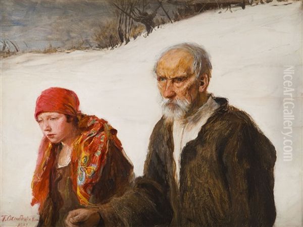 Old Age And Youth Oil Painting by Teodor Axentowicz