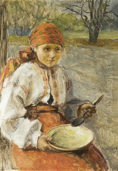 Girl With A Dish Oil Painting by Teodor Axentowicz