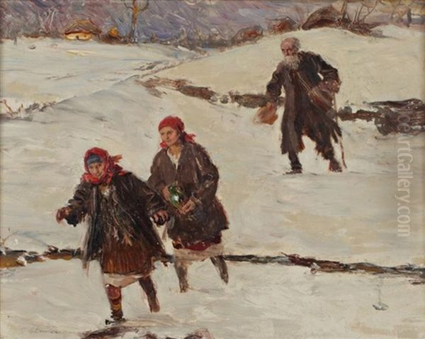 Jeunes Filles Dans Un Paysage Enneige Oil Painting by Teodor Axentowicz