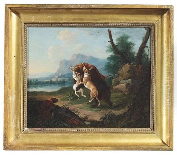 Drei Jagdhunde Greifen Einen Braunbaren An, Ein Vierter Setzt Zum Sprung An Oil Painting by Leopold Axtmann