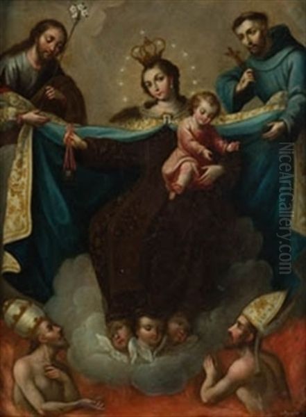 Virgen Con Nino Y Santos Oil Painting by Bernabe Ayala