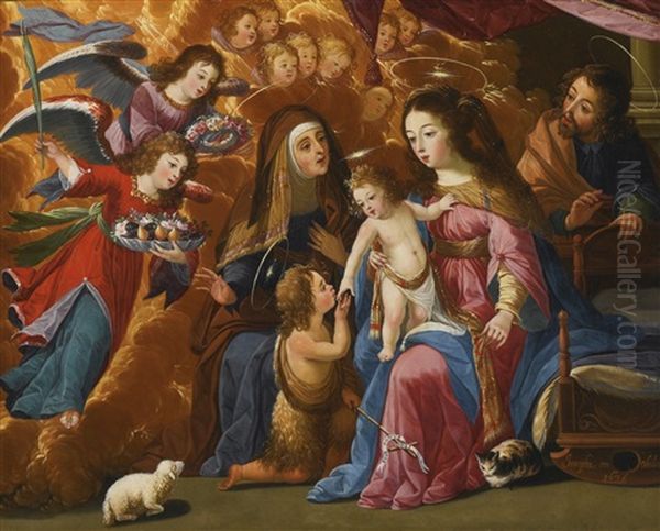 Holy Family With The Infant Saint John The Baptist, Saint Elizabeth And Angels Oil Painting by Josefa de (Obidos) Ayala