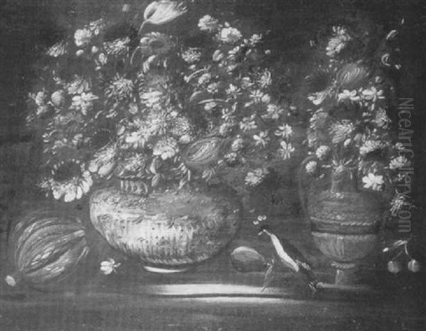 Mixed Flowers In A Bowl With An Urn, Bird And Fruit On A    Ledge Oil Painting by Josefa de (Obidos) Ayala