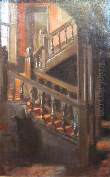 Staircase And Stained Glass Oil Painting by Patrick William Adam