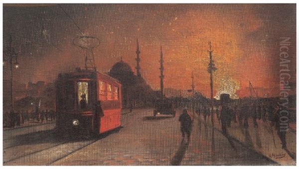 Galata Koprusu Oil Painting by Onnik Der Azarian