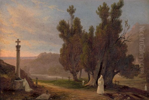 Landschaft Mit Zwei Monchen Auf Einem Friedhof Oil Painting by Massimo D' Azeglio