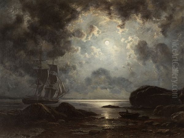 Moonlight Over The Coast Oil Painting by Knud Andreassen Baade