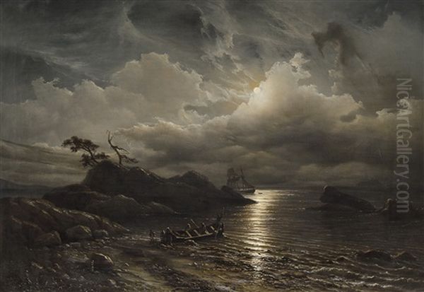 Norwegian Shore In Moonlight Oil Painting by Knud Andreassen Baade