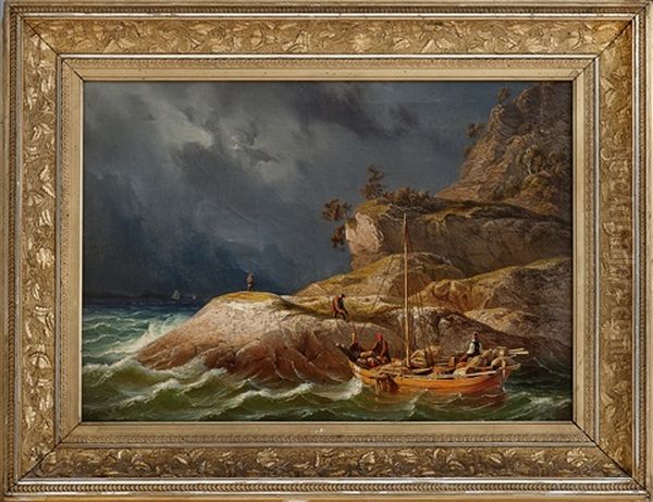 Fjordlandskap Med Folkeliv Oil Painting by Knud Andreassen Baade