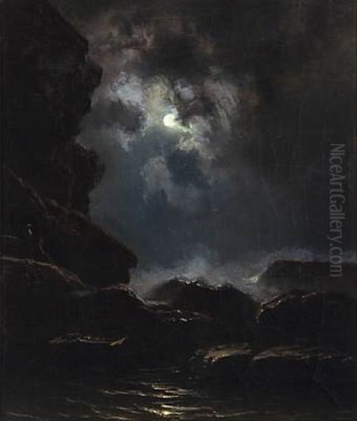 Rocky Coast At Moonlight Oil Painting by Knud Andreassen Baade