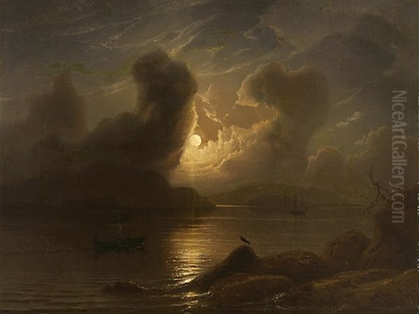 Vollmond Uber Flusslandschaft Mit Fischer- Und Segelboot Oil Painting by Knud Andreassen Baade