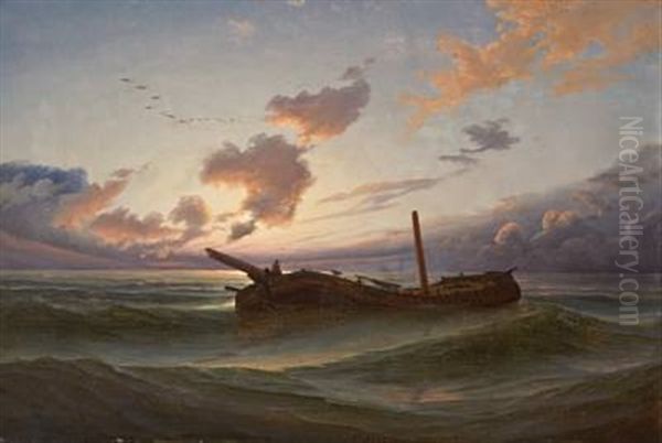 Skipsvrak Under Nattehimmel Oil Painting by Knud Andreassen Baade