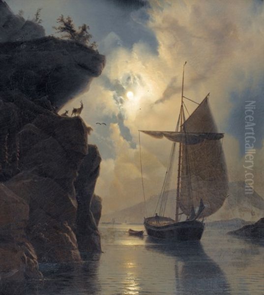 Boot Im Felsigen Fjord Bei Mondschein Oil Painting by Knud Andreassen Baade