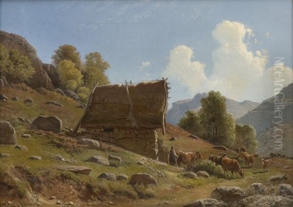 Milkmaid With Cattle By A Summer Farm Oil Painting by Knud Andreassen Baade