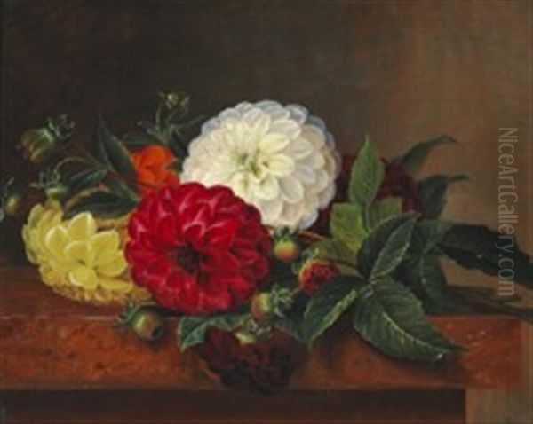 Still Life With Dahlias On A Sill Oil Painting by Alfrida Baadsgaard