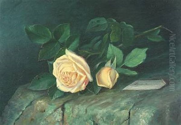 Roses On A Stone Bench Oil Painting by Alfrida Baadsgaard