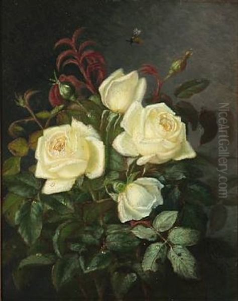 White Roses Oil Painting by Alfrida Baadsgaard