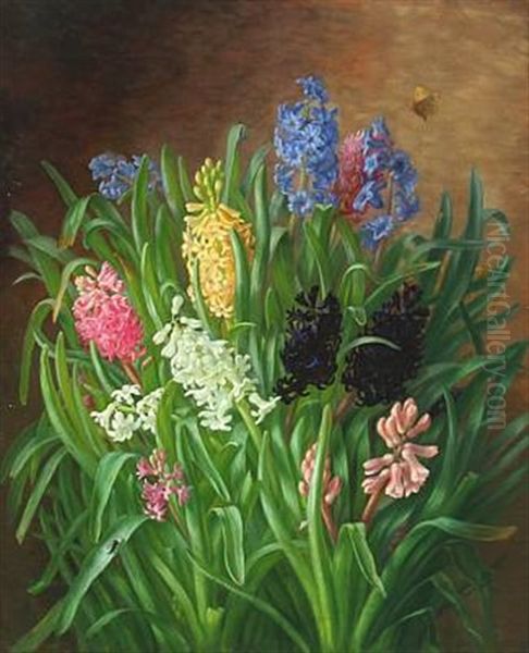 Still Life With Hyacinths And Butterfly Oil Painting by Alfrida Baadsgaard