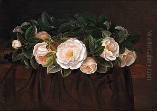 A Wreath Of White Roses Oil Painting by Alfrida Baadsgaard