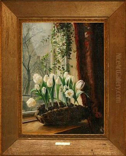 Frame With White Tulips Oil Painting by Alfrida Baadsgaard