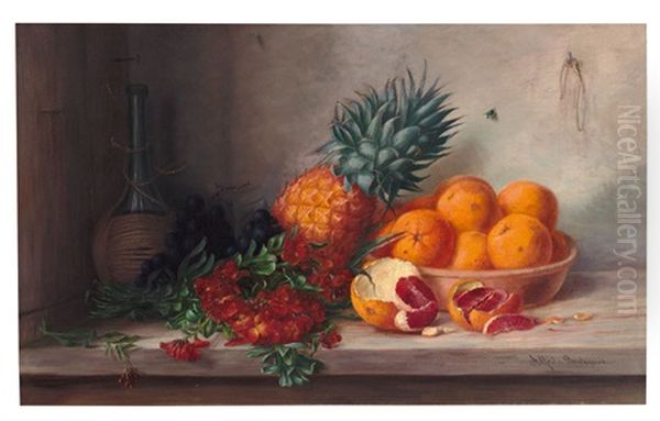 Stilleben Mit Orangen, Ananas, Rotweinflasche Und Goldlack Oil Painting by Alfrida Baadsgaard