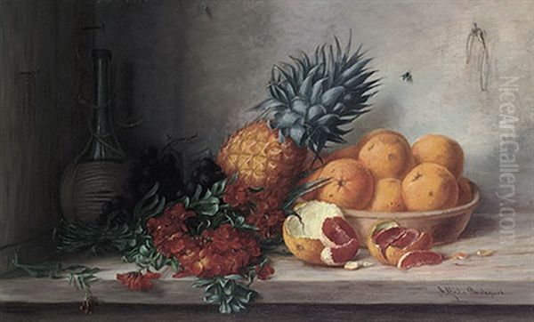 Fruchtestilleben Mit Orangen, Ananas, Flox Und Chianti-flasche Oil Painting by Alfrida Baadsgaard