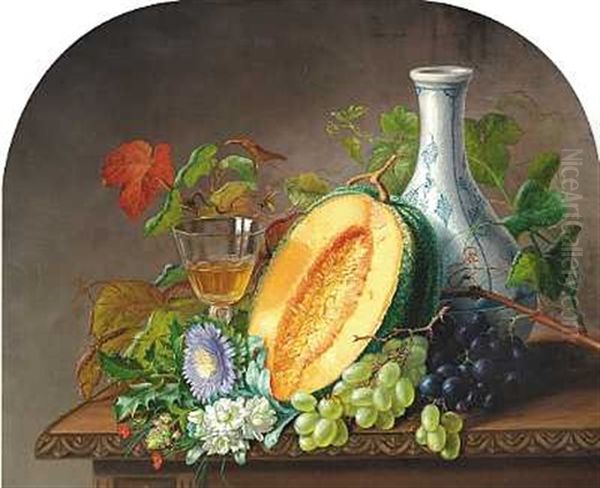 Opstilling Med Melon, Druer, Blomster, Karaffel Og Vinglas Pa Et Bord Oil Painting by Alfrida Baadsgaard