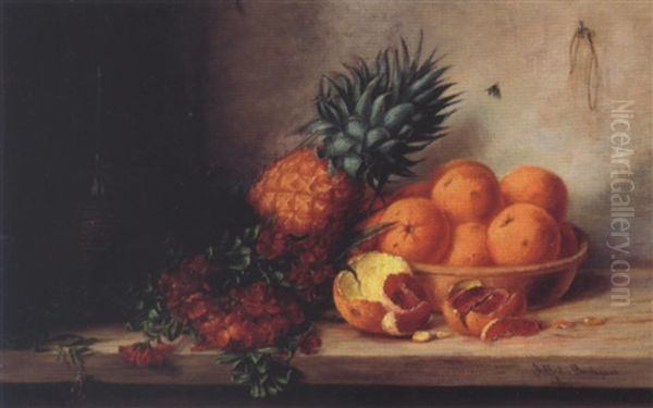 Opstilling Med Gyldenlakker, Ananas, Skal Med Appelsiner Samt Chiantiflaske Pa Et Bord Oil Painting by Alfrida Baadsgaard