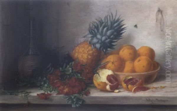 Stilleben Mit Goldlack, Ananas, Schale Mit Orangen Und Chiantiflasche by Alfrida Baadsgaard