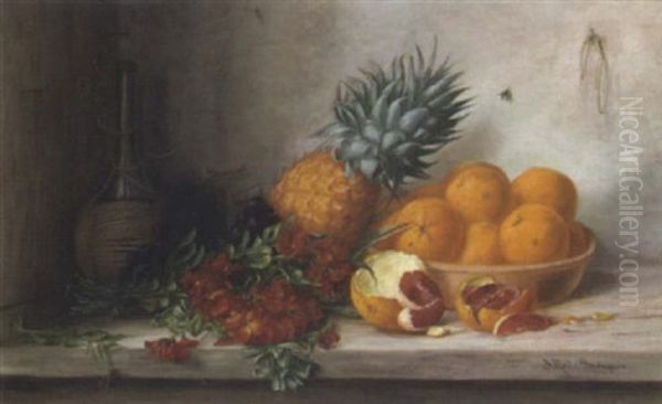 Stilleben Mit Goldlack, Ananas, Schale Mit Orangen Und Chiantiflasche Oil Painting by Alfrida Baadsgaard