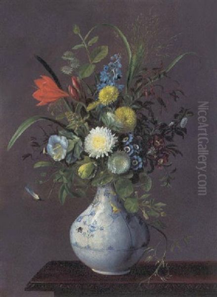 Buket Med Septemberliljer, Hyacint, Klokkeranker, Klover, Primula Og Asters I En Muselmalet Vase Pa Et Bord Oil Painting by Alfrida Baadsgaard