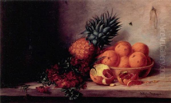 Opstilling Med Gyldenlakker, Ananas, Skal Med Appelsiner Samt Chiantiflaske Pa Et Bord Oil Painting by Alfrida Baadsgaard