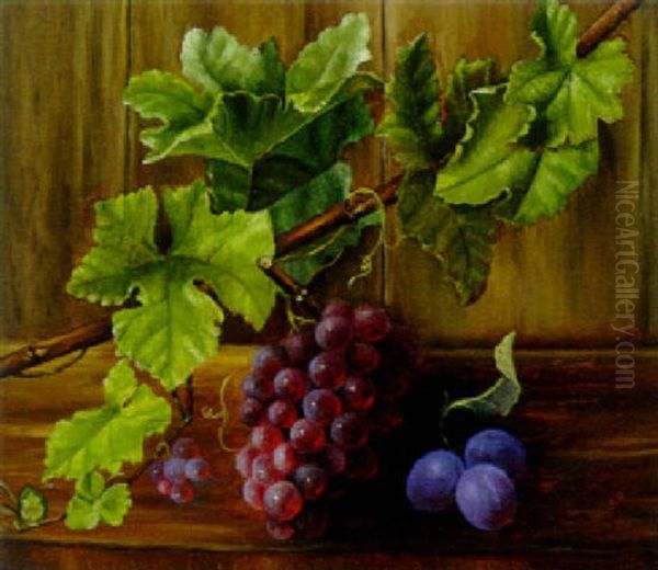 Black Grapes On A Vine With Plums On A Wooden Ledge Oil Painting by Alfrida Baadsgaard