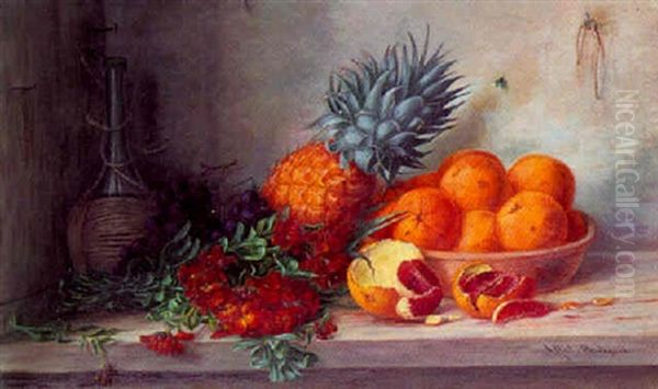 Gyldenlakker, Ananas, Skal Med Appelsiner Og Chiantiflaske Pa Et Bord Oil Painting by Alfrida Baadsgaard