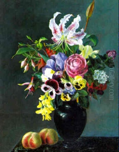 Stilleben Mit Blumen Und Pfirsischen Oil Painting by Alfrida Baadsgaard