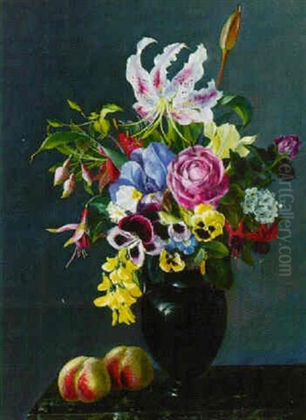 Lilies, Roses, Pansies And Fushcia In A Vase On A Ledge With Apples Oil Painting by Alfrida Baadsgaard