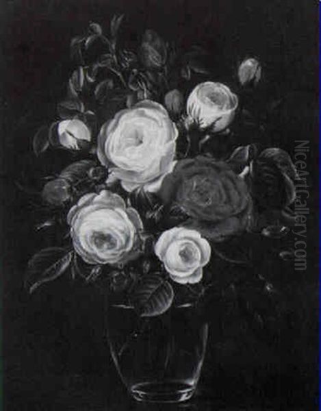 Roses In A Glass Vase Oil Painting by Alfrida Baadsgaard