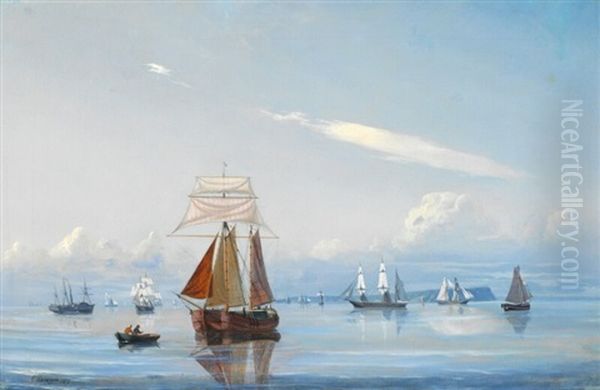 Quiet Afternoon With Sailing Boats On Oresund, In The Background The Island Of Hveen Oil Painting by Carl Emil Baagoe