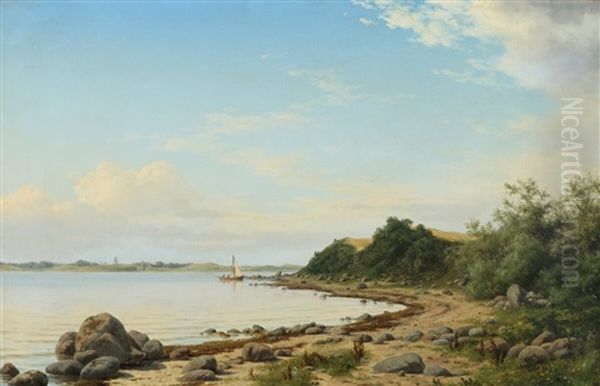 Coastal Scape With Sail Boat And Drifting Clouds Oil Painting by Carl Emil Baagoe