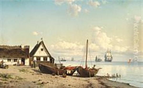 Summer Day At A Fishing Village At Oresund Oil Painting by Carl Emil Baagoe