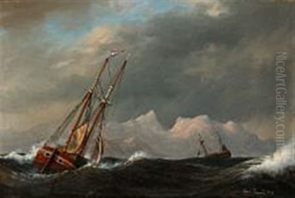 Seascape With Sailing Ships In Rough Sea Oil Painting by Carl Emil Baagoe