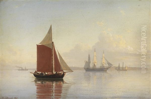 Ein Segelkutter Und Zwei Grossegler Vor Der Kuste Oil Painting by Carl Emil Baagoe